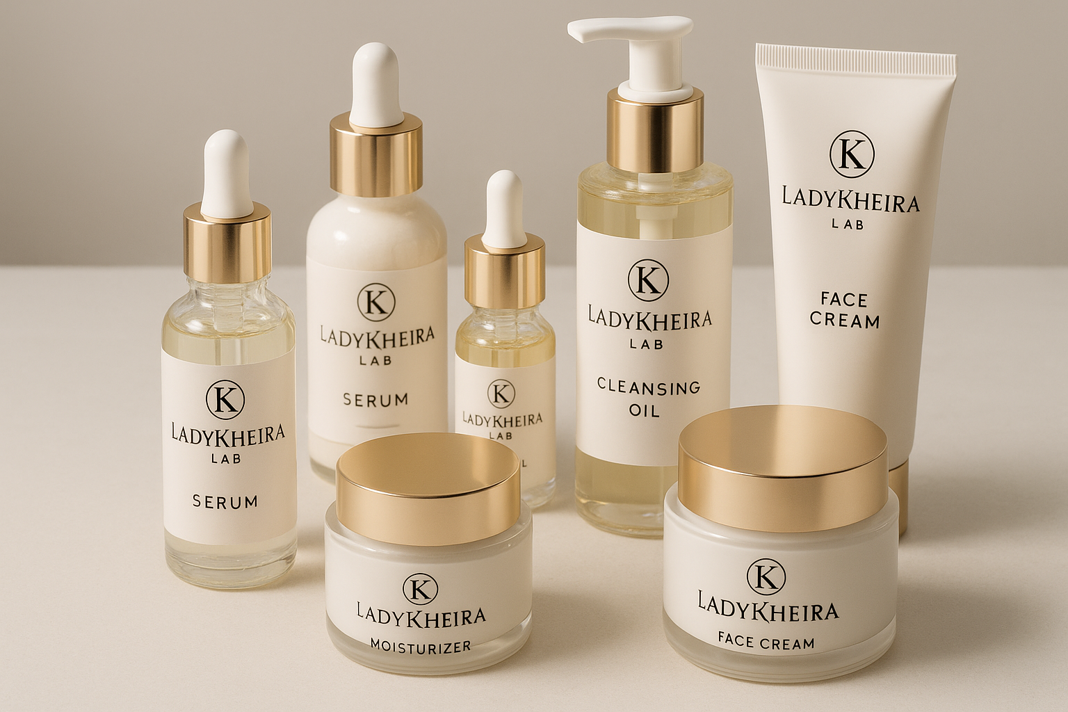 Le meme type mais plusieurs produits skincare avec le logo LadyKheira Lab
